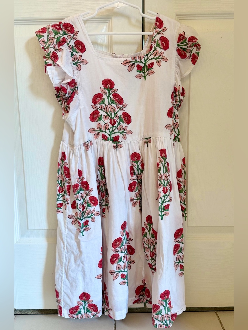 EUC Pink Chicken Girls White Dress with Red Floral Embroidery size 12